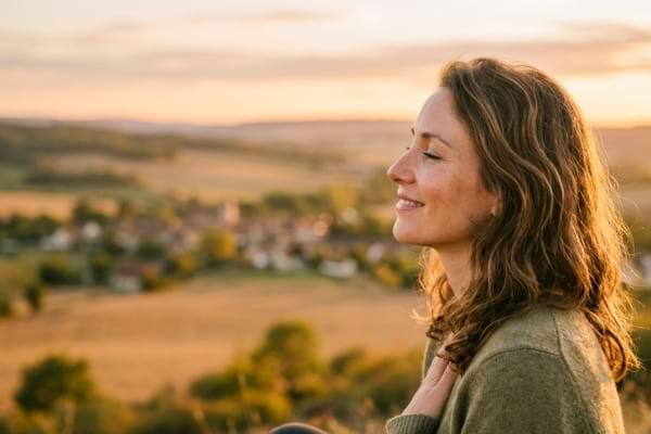 une personne souriant doucement, le visage &eacute;clair&eacute; par la lumi&egrave;re dor&eacute;e du soleil