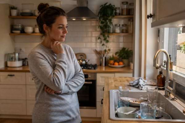 femme devant &eacute;vier avec vaisselle sale