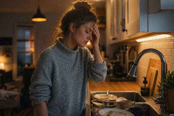 femme fatigu&eacute;e devant &eacute;vier avec vaisselle sale