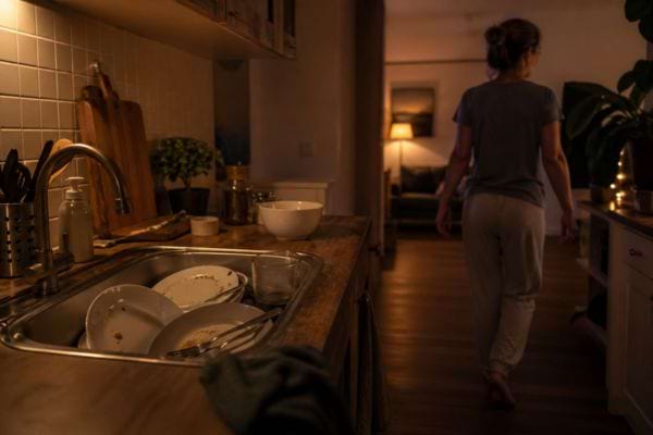 vaisselle sale dans &eacute;vier le soir