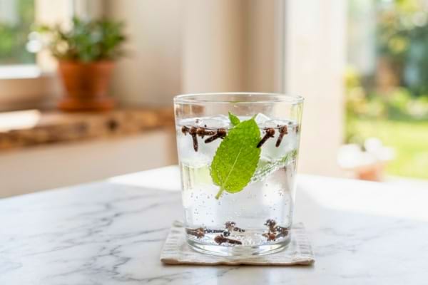 un verre d'eau infus&eacute;e avec des clous de girofle et une feuille de menthe fra&icirc;che