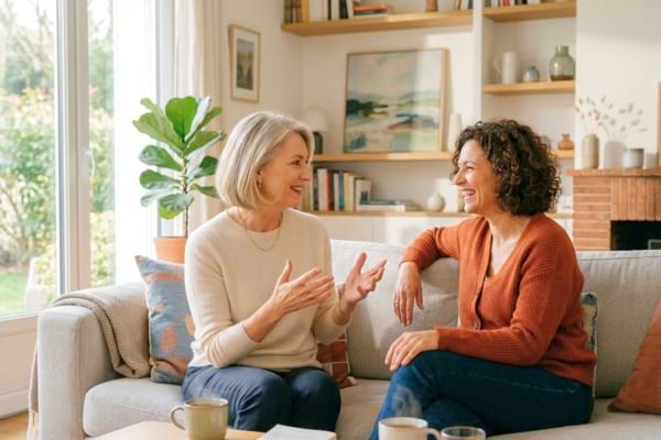 femme de 50 ans discutant avec une amie dans un salon lumineux