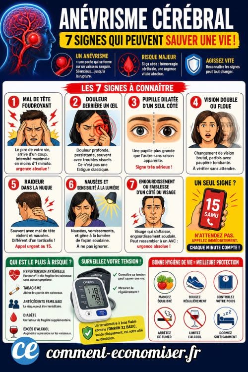 Infographie sur l&rsquo;an&eacute;vrisme c&eacute;r&eacute;bral pr&eacute;sentant 7 signes d&rsquo;alerte et conseils de pr&eacute;vention