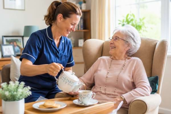 Une aide &agrave; domicile souriante et bienveillante versant du th&eacute; &agrave; une dame &acirc;g&eacute;e