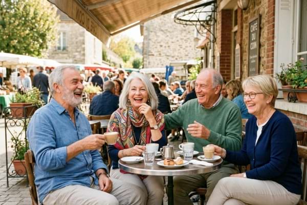  groupe d'amis de 70 ans riant aux &eacute;clats autour d'un caf&eacute; en terrasse