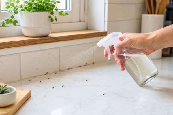 Main vaporisant un répulsif naturel contre les fourmis sur un plan de travail.