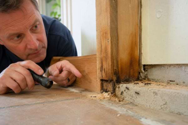 Homme inspectant une entrée de fourmis avec une lampe.