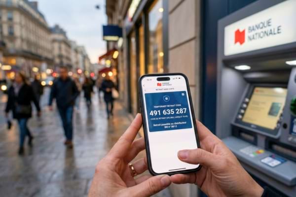 a person's hands holding a modern smartphone. The screen displays a secure banking app