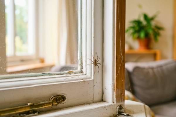 araign&eacute;e domestique non mena&ccedil;ante pr&egrave;s d&rsquo;un encadrement de fen&ecirc;tre