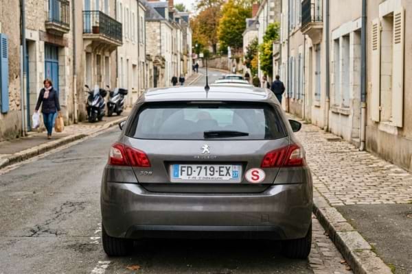 une voiture grise moderne vue de l'arri&egrave;re, gar&eacute;e dans une rue fran&ccedil;aise typique