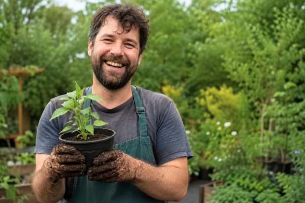 un homme en tenue de jardinage décontractée, souriant, tenant une petite plante en pot