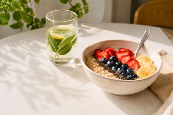 un bol de petit-déjeuner sain (flocons d'avoine, fruits frais) posé sur une table claire