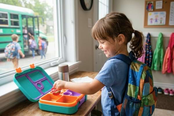 un enfant souriant de dos qui glisse un petit fromage rond en cire rouge dans sa bo&icirc;te &agrave; go&ucirc;ter color&eacute;e