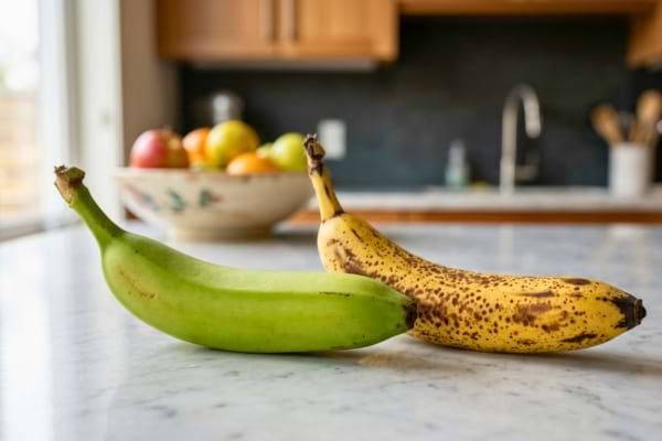 deux bananes : l'une l&eacute;g&egrave;rement verte et l'autre tr&egrave;s m&ucirc;re avec des taches brunes