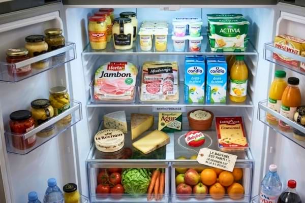 'un frigo familial ouvert avec des &eacute;tag&egrave;res bien rang&eacute;es