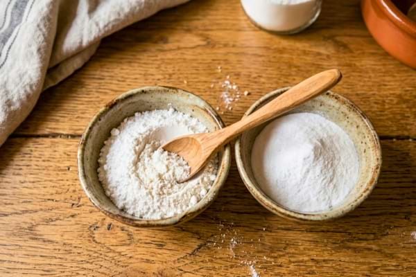 de deux petits bols en c&eacute;ramique rustique. L'un contient du sucre glace, l'autre du bicarbonate