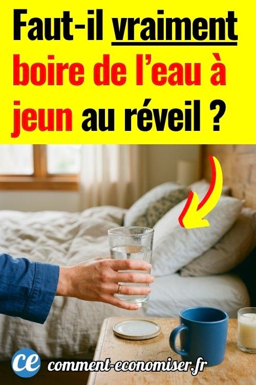 Main tenant un verre d’eau près d’un lit avec tasse posée sur une table de chevet