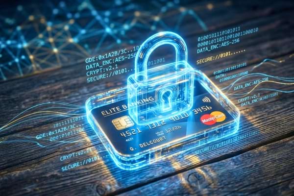 Un cadenas virtuel lumineux et holographique entoure une carte bancaire pos&eacute;e sur une table