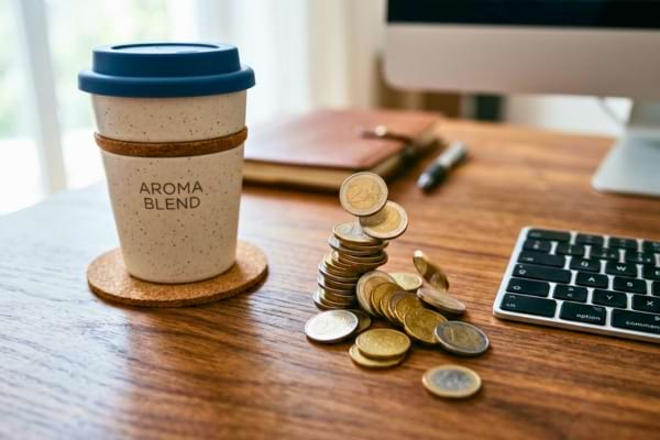 Un gobelet de caf&eacute; pos&eacute; sur une table de bureau en bois &agrave; c&ocirc;t&eacute; d'un clavier d'ordinateur
