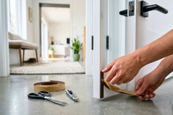 Une main posant un joint adh&eacute;sif sous une porte d&rsquo;entr&eacute;e, int&eacute;rieur propre et moderne