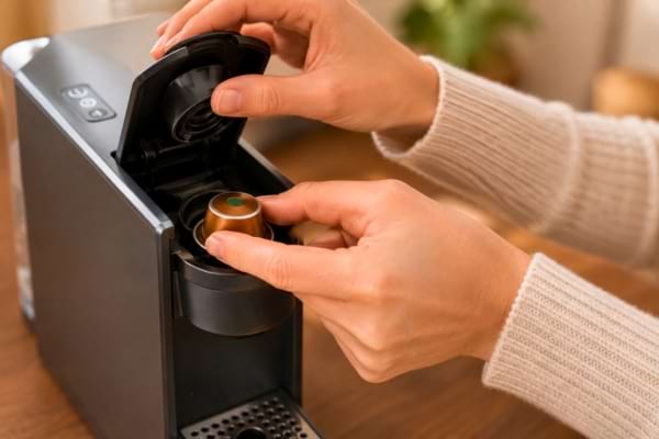 Une personne qui ins&egrave;re une capsule de caf&eacute;