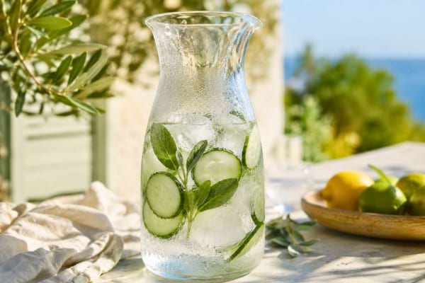 une belle carafe en verre remplie d'eau fraîche, de glaçons, de feuilles de sauge