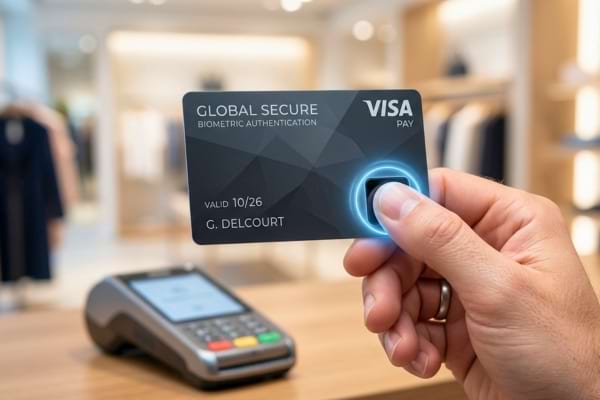 une carte bancaire au design futuriste et &eacute;pur&eacute;, tenue par une main humaine