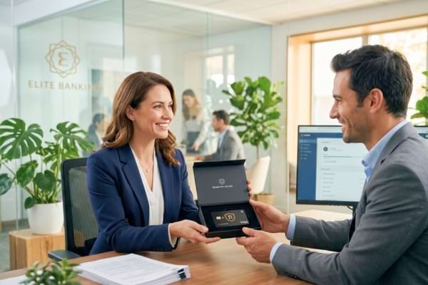 Une conseill&egrave;re bancaire tend un coffret noir contenant la nouvelle carte biom&eacute;trique