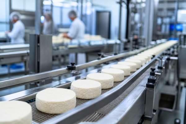 une ligne de production propre en acier inoxydable avec des petits fromages ronds d&eacute;filant &agrave; grande vitesse,