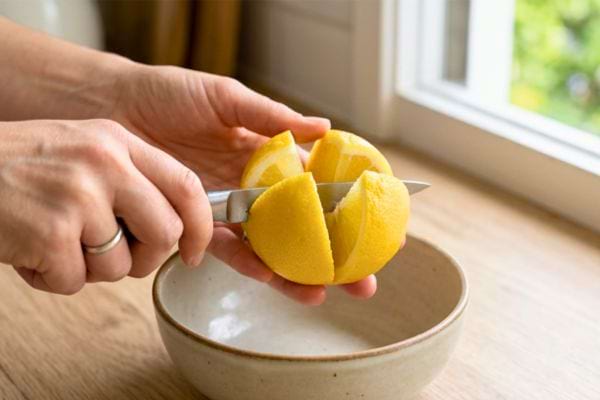 Main coupant un citron en quartiers au-dessus d&rsquo;un bol