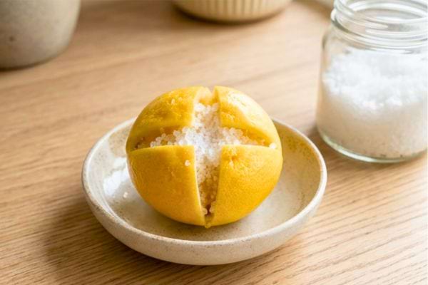 Citron entaill&eacute; rempli de gros sel pos&eacute; dans une coupelle