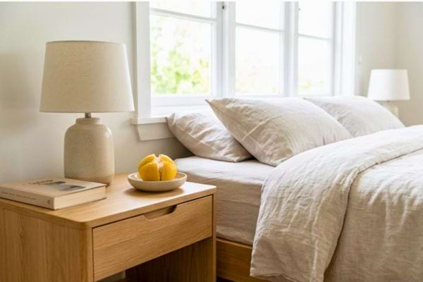 Citron coup&eacute; pos&eacute; sur une table de chevet dans une chambre