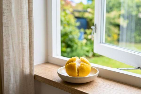 Citron rempli de sel pos&eacute; sur un rebord de fen&ecirc;tre lumineux