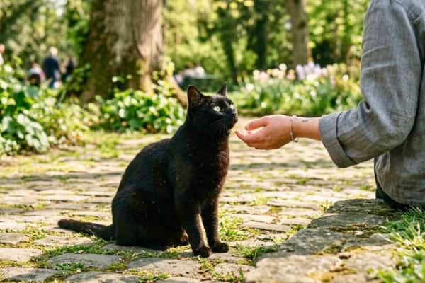 un chat noir curieux assis &agrave; c&ocirc;t&eacute; d'une personne dans un parc ensoleill&eacute;