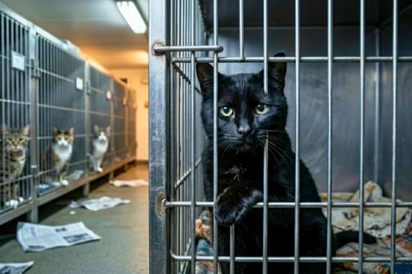 A touching medium shot of a black cat behind the bars of an animal shelter cage