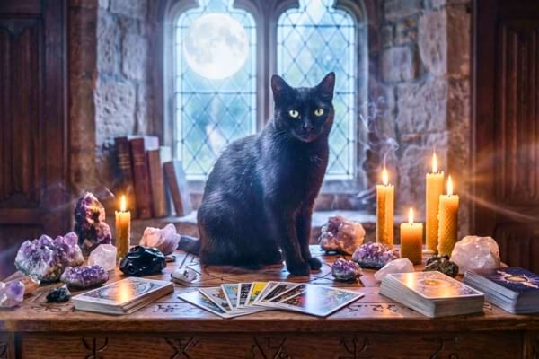 A black cat sitting on a wooden altar covered in crystals and tarot cards.