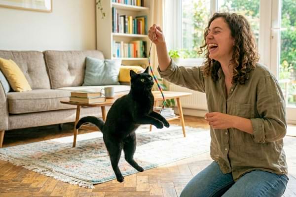 A person and a black cat are playing together in a sunlit living room with a string
