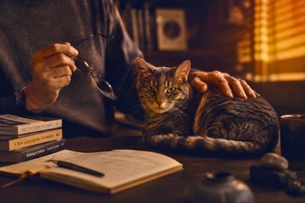 Un chat les genoux d'un homme