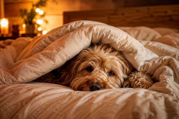 Petit chien blotti sous une couette moelleuse, profitant de la chaleur et du confort du lit.
