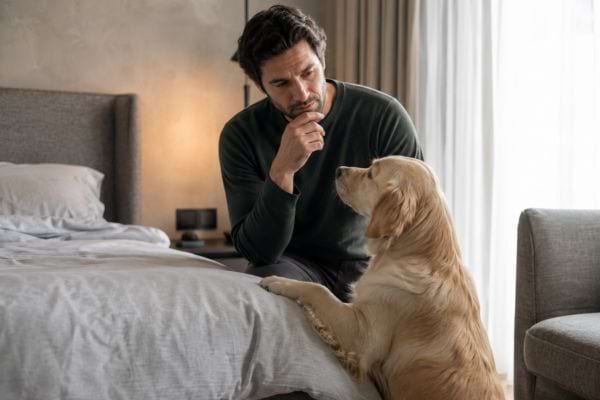 Chien posant ses pattes sur le lit pendant que son ma&icirc;tre h&eacute;site &agrave; le laisser monter.