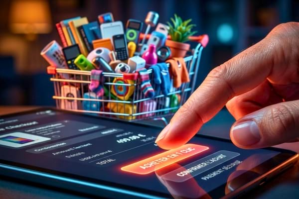 Un doigt s'appr&ecirc;tant &agrave; cliquer sur un bouton lumineux "Acheter en 1 clic" sur un &eacute;cran de tablette,
