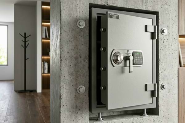 A heavy, secure steel safe securely bolted into a concrete wall in a modern home