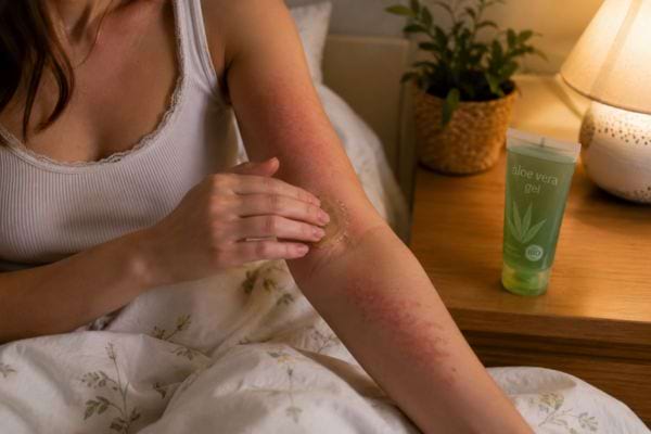 Femme appliquant une cr&egrave;me sur une peau irrit&eacute;e au bras