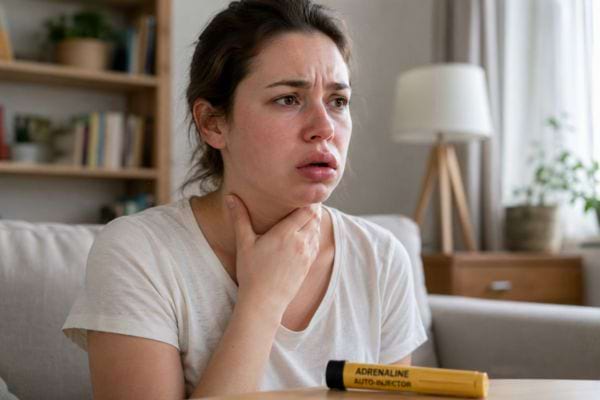 Femme ayant du mal &agrave; respirer avec un auto-injecteur d&rsquo;adr&eacute;naline &agrave; c&ocirc;t&eacute;