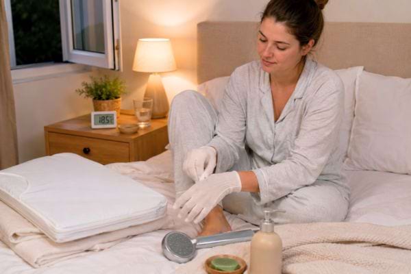 Femme prenant soin de sa peau dans un lit avec produits &agrave; proximit&eacute;