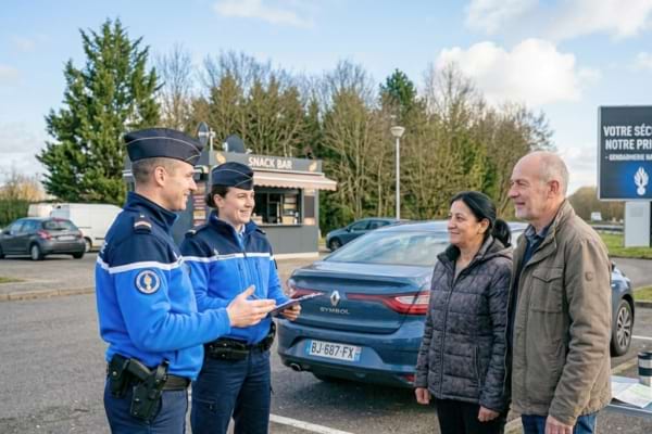 Deux gendarmes fran&ccedil;ais en uniforme discutant de mani&egrave;re bienveillante avec un couple