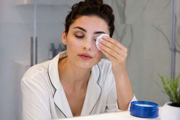 Femme retirant son maquillage avec un coton et une cr&egrave;me hydratante devant le lavabo.