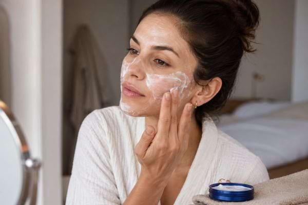 Femme appliquant une couche de cr&egrave;me hydratante sur son visage c