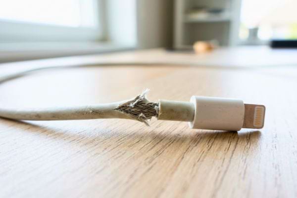 C&acirc;ble de charge ab&icirc;m&eacute; avec fils visibles sur une table