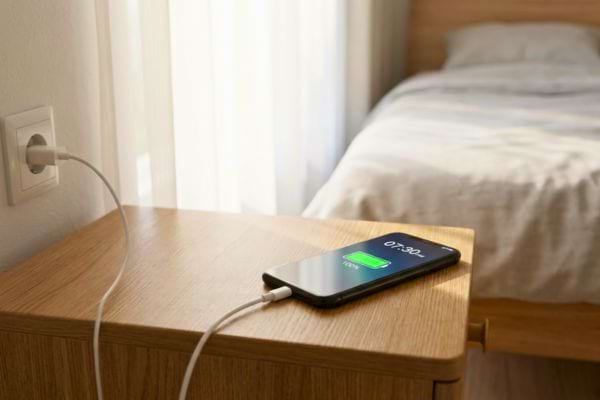 Smartphone en charge pos&eacute; sur une table de chevet pr&egrave;s d&rsquo;un lit